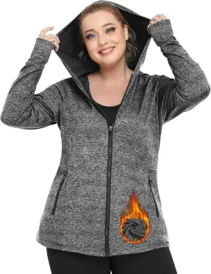 FOREYOND Plus Size Fleece Jackets for Women Thermal Zip Up Hoodies Running Athletic Winter Coats with Thumble Holes