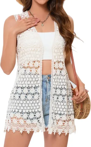 GLEAMISS Women's Crochet Floral Vest Lace Trim Boho Sleeveless Cardigan