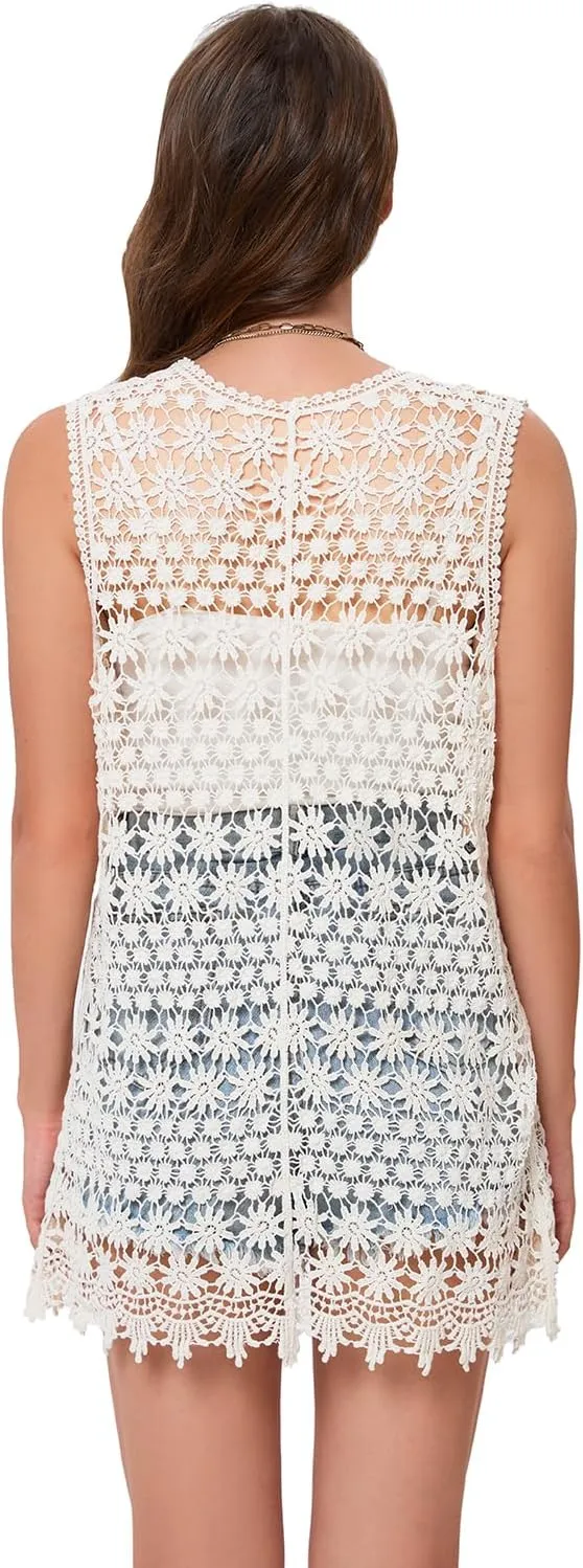 GLEAMISS Women's Crochet Floral Vest Lace Trim Boho Sleeveless Cardigan
