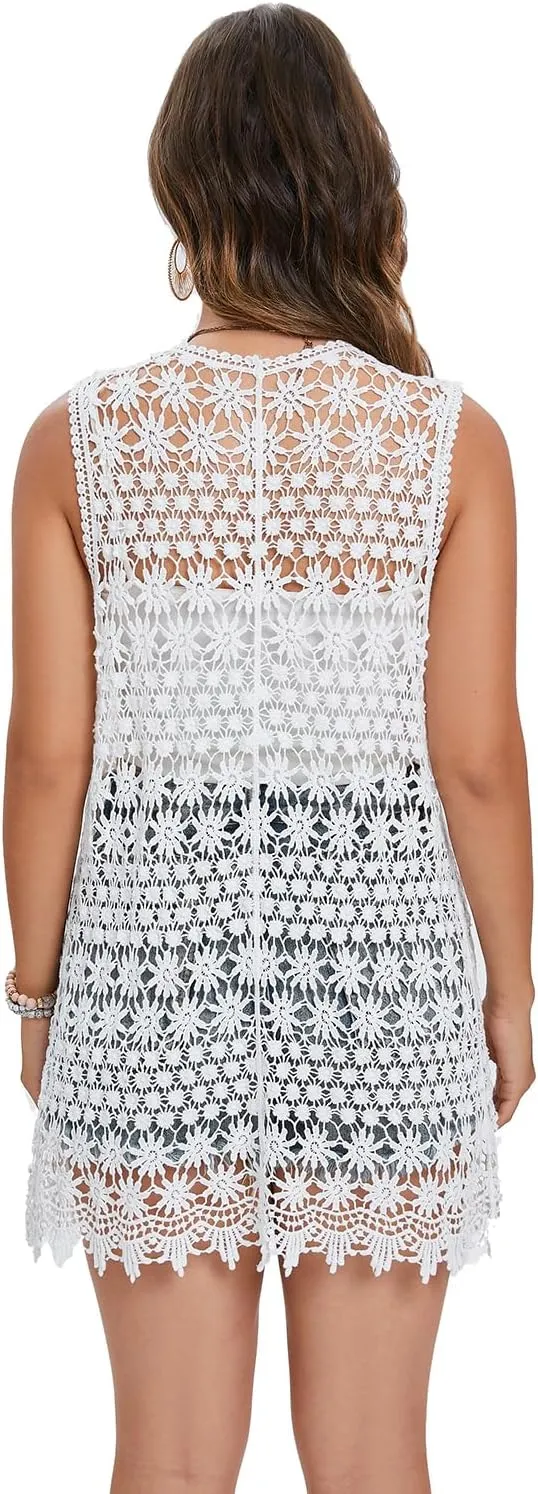 GLEAMISS Women's Crochet Floral Vest Lace Trim Boho Sleeveless Cardigan