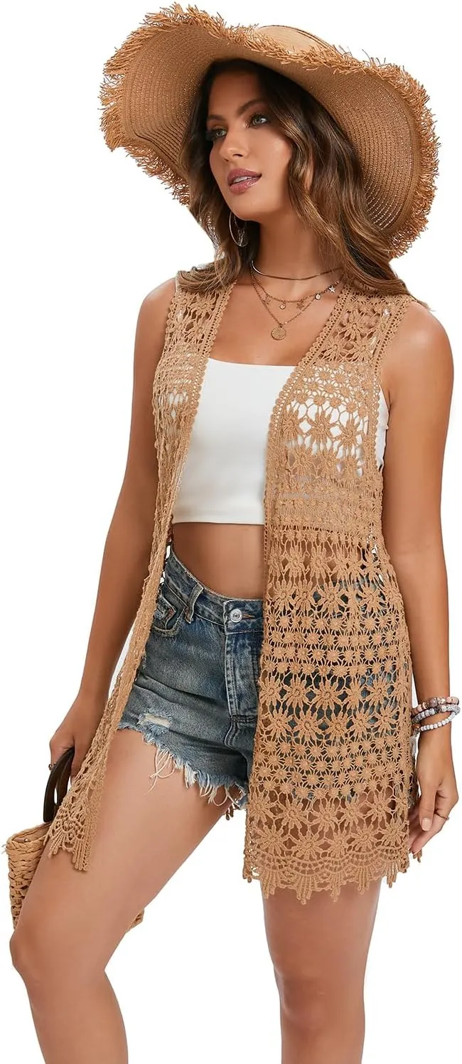 GLEAMISS Women's Crochet Floral Vest Lace Trim Boho Sleeveless Cardigan