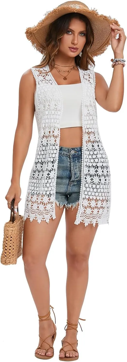 GLEAMISS Women's Crochet Floral Vest Lace Trim Boho Sleeveless Cardigan