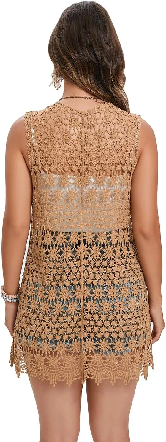 GLEAMISS Women's Crochet Floral Vest Lace Trim Boho Sleeveless Cardigan