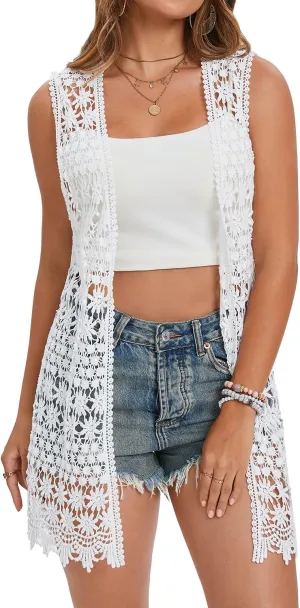 GLEAMISS Women's Crochet Floral Vest Lace Trim Boho Sleeveless Cardigan