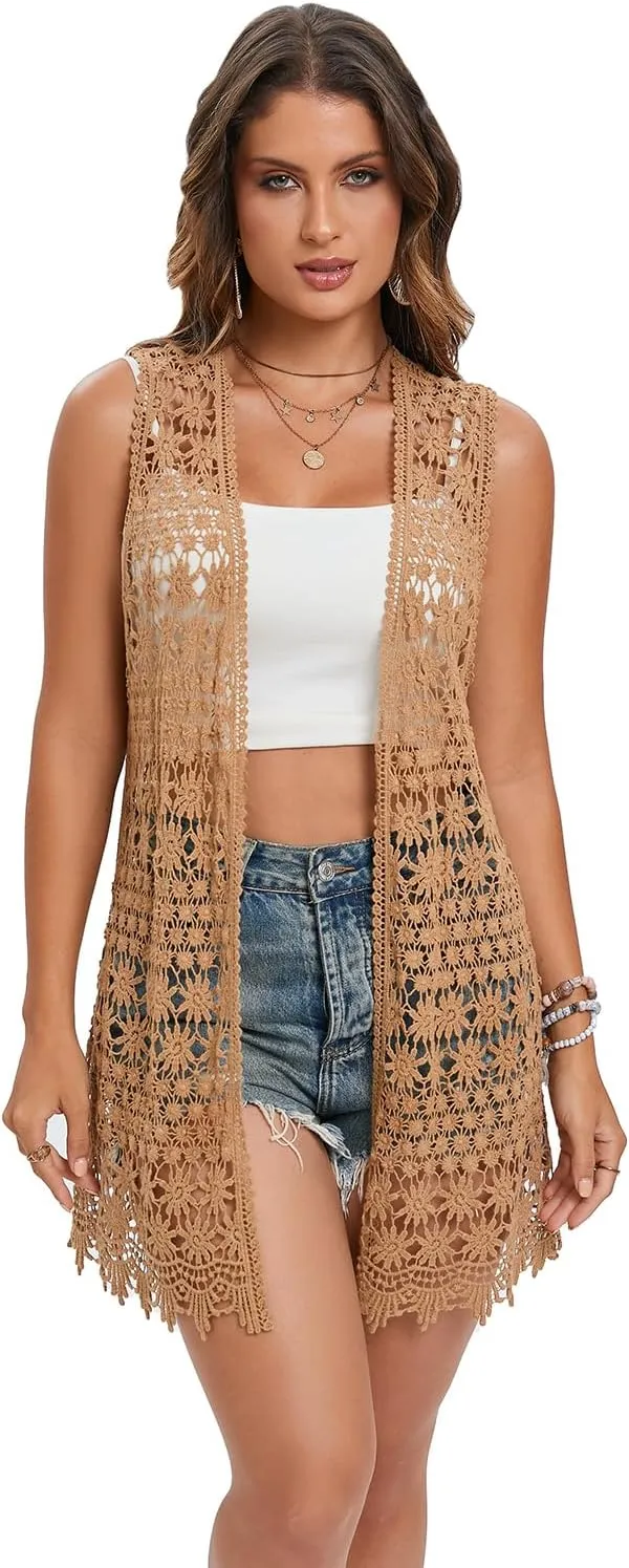 GLEAMISS Women's Crochet Floral Vest Lace Trim Boho Sleeveless Cardigan