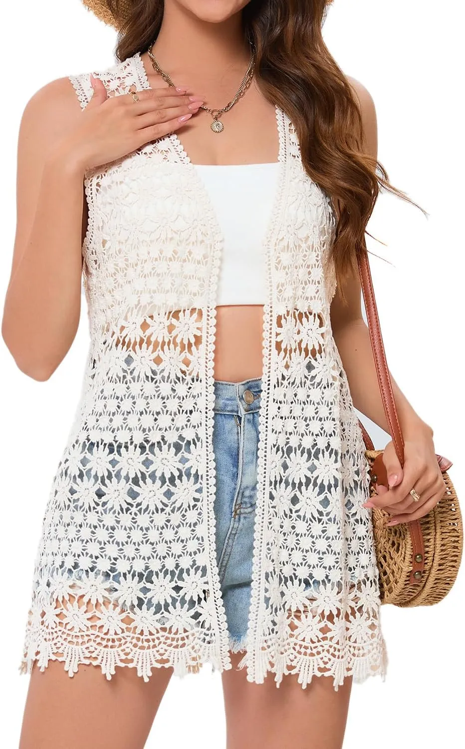 GLEAMISS Women's Crochet Floral Vest Lace Trim Boho Sleeveless Cardigan
