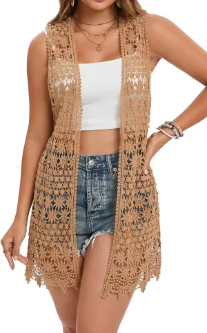 GLEAMISS Women's Crochet Floral Vest Lace Trim Boho Sleeveless Cardigan