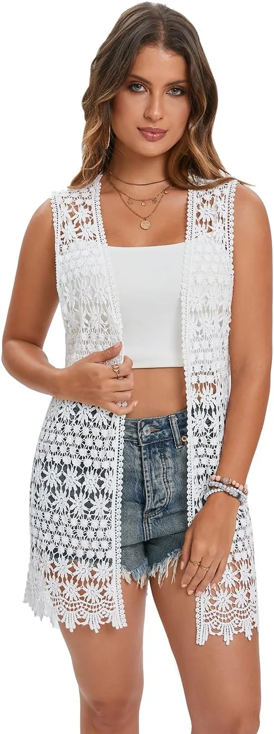 GLEAMISS Women's Crochet Floral Vest Lace Trim Boho Sleeveless Cardigan