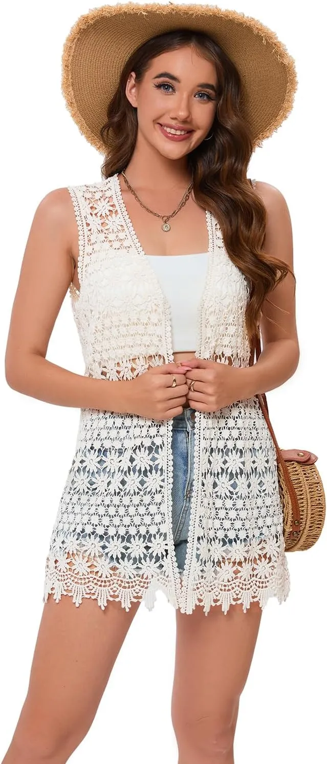 GLEAMISS Women's Crochet Floral Vest Lace Trim Boho Sleeveless Cardigan