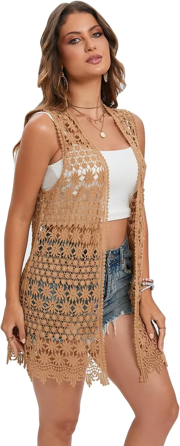 GLEAMISS Women's Crochet Floral Vest Lace Trim Boho Sleeveless Cardigan