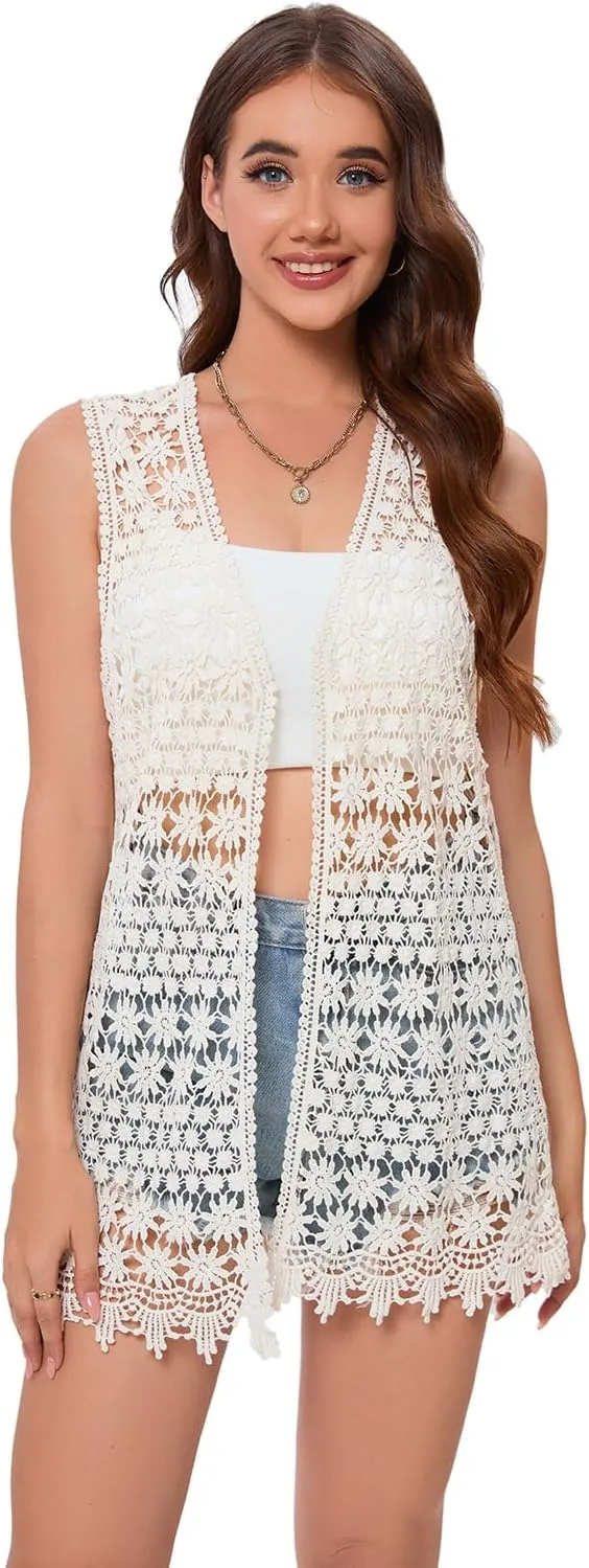 GLEAMISS Women's Crochet Floral Vest Lace Trim Boho Sleeveless Cardigan