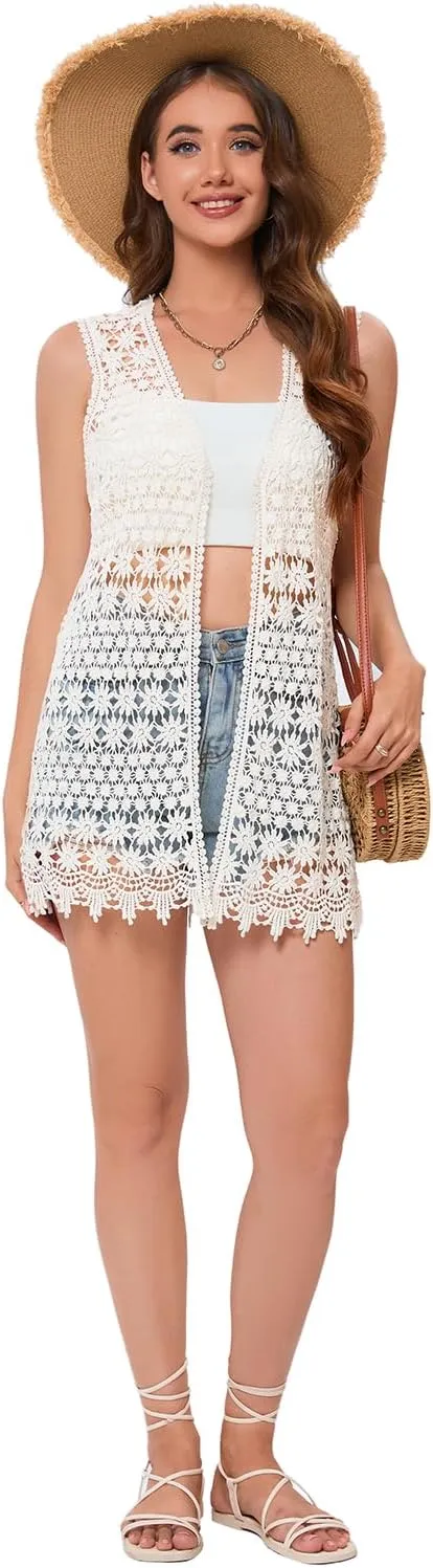 GLEAMISS Women's Crochet Floral Vest Lace Trim Boho Sleeveless Cardigan