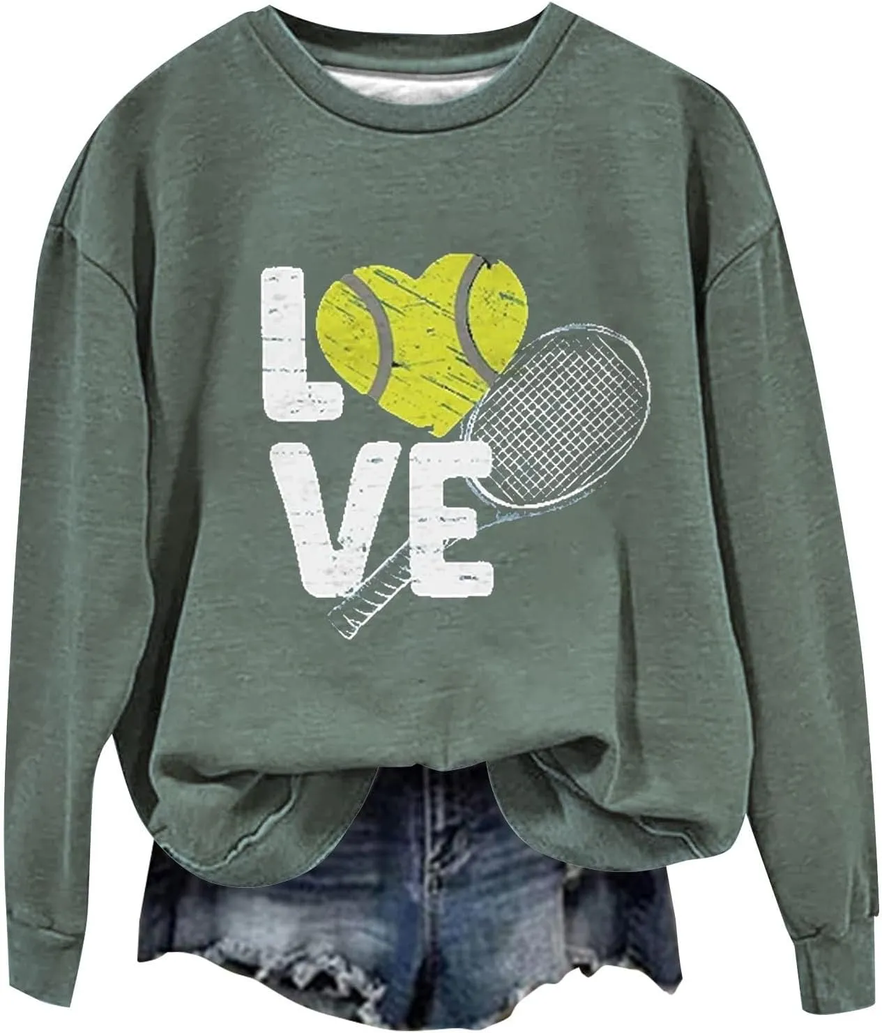 Graphic Sweatshirts for Women LOVE Tennis Long Sleeve Crew Neck Comfort Sweatshirt Aesthetic Going out Pullover Tops