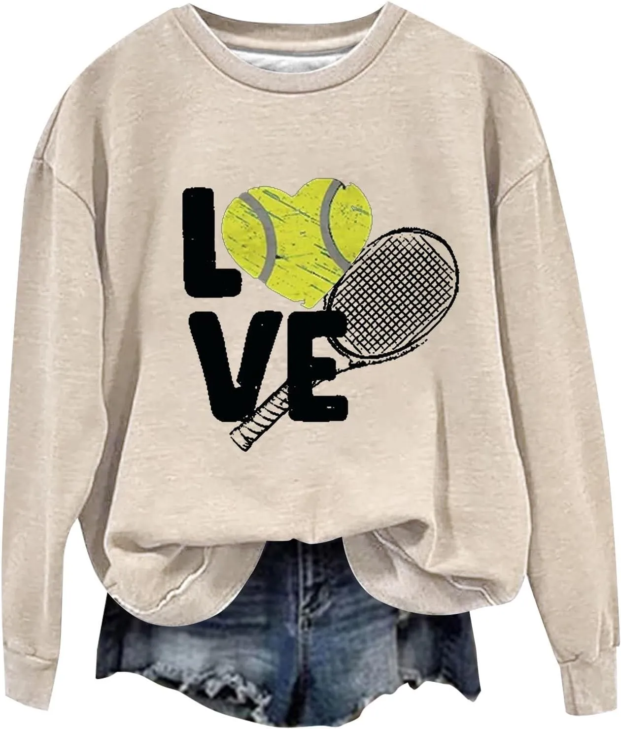 Graphic Sweatshirts for Women LOVE Tennis Long Sleeve Crew Neck Comfort Sweatshirt Aesthetic Going out Pullover Tops