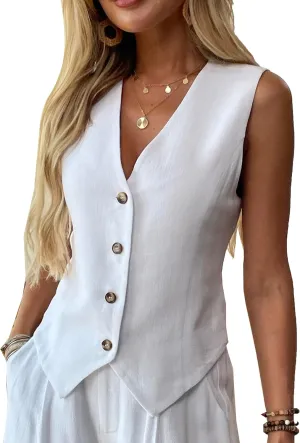 heipeiwa Women's Cotton Linen Vest Button Down Sleeveless V Neck Tank Tops Waistcoat Jacket