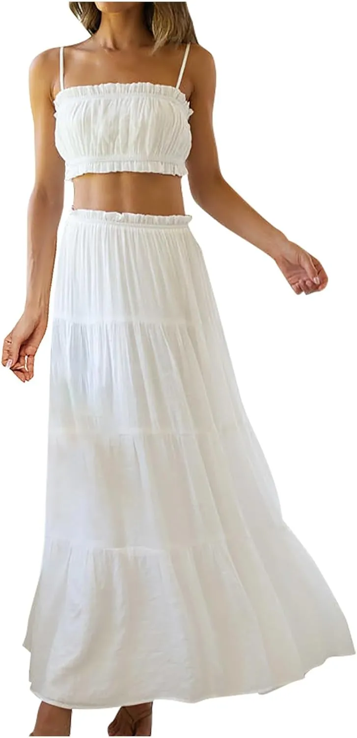 HGps8w Women 2 Piece Outfits Boho Sleeveless Cami Crop Top Ruffle Trim High Waist Flowy Long Skirt Beach Vacation Sets