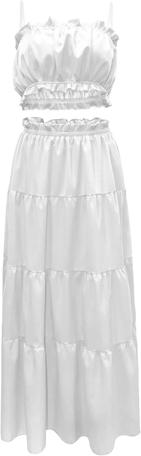 HGps8w Women 2 Piece Outfits Boho Sleeveless Cami Crop Top Ruffle Trim High Waist Flowy Long Skirt Beach Vacation Sets