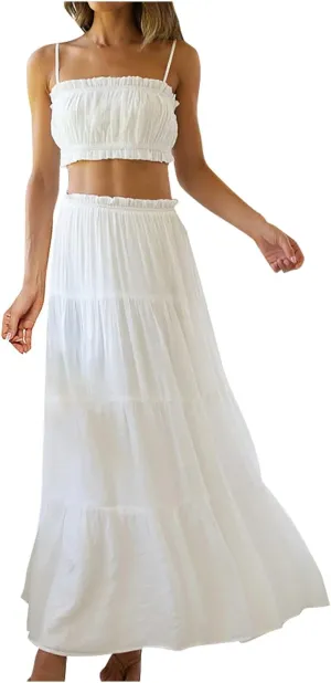 HGps8w Women 2 Piece Outfits Boho Sleeveless Cami Crop Top Ruffle Trim High Waist Flowy Long Skirt Beach Vacation Sets