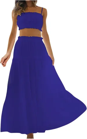 HGps8w Women 2 Piece Outfits Boho Sleeveless Cami Crop Top Ruffle Trim High Waist Flowy Long Skirt Beach Vacation Sets