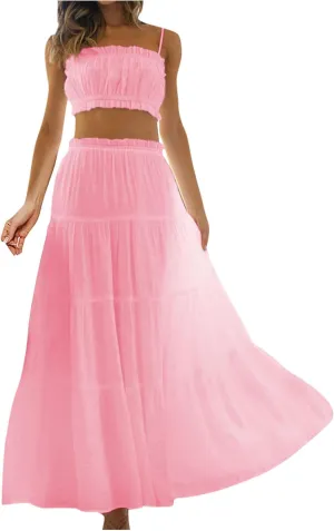 HGps8w Women 2 Piece Outfits Boho Sleeveless Cami Crop Top Ruffle Trim High Waist Flowy Long Skirt Beach Vacation Sets