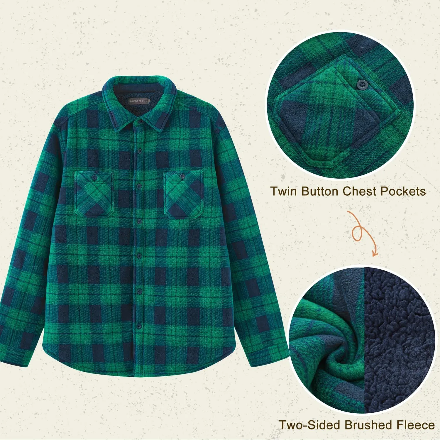 HODOSPORTS Plaid Heavyweight Mens Flannel Jacket Sherpa Lined Thick Fleece Flannel Shirts Long Sleeve Bottom Down