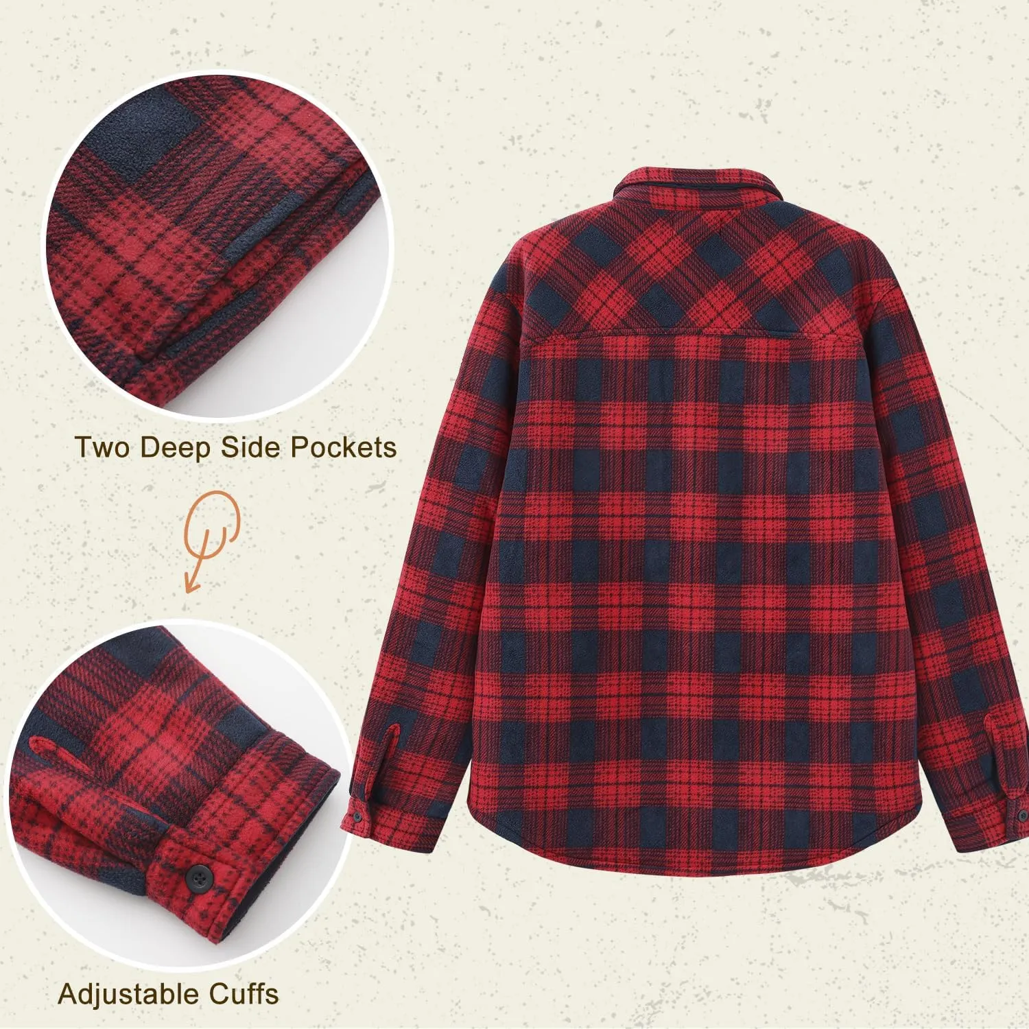HODOSPORTS Plaid Heavyweight Mens Flannel Jacket Sherpa Lined Thick Fleece Flannel Shirts Long Sleeve Bottom Down