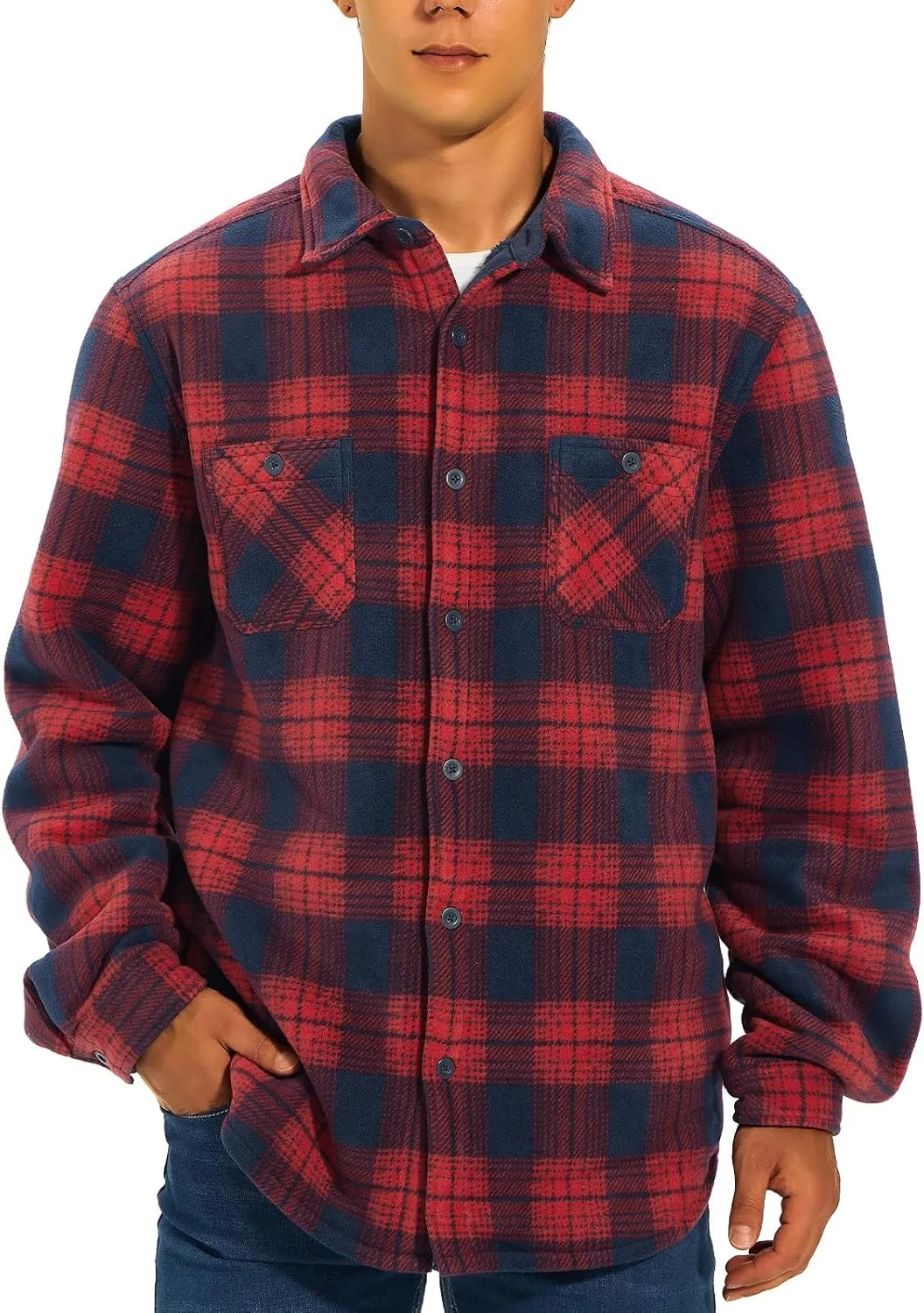 HODOSPORTS Plaid Heavyweight Mens Flannel Jacket Sherpa Lined Thick Fleece Flannel Shirts Long Sleeve Bottom Down