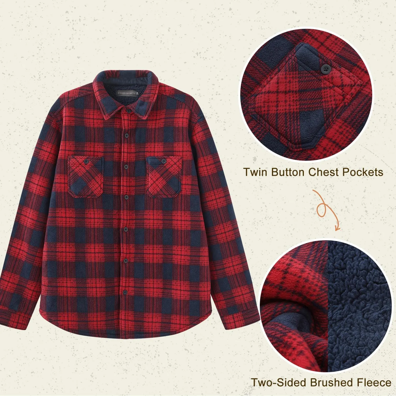 HODOSPORTS Plaid Heavyweight Mens Flannel Jacket Sherpa Lined Thick Fleece Flannel Shirts Long Sleeve Bottom Down