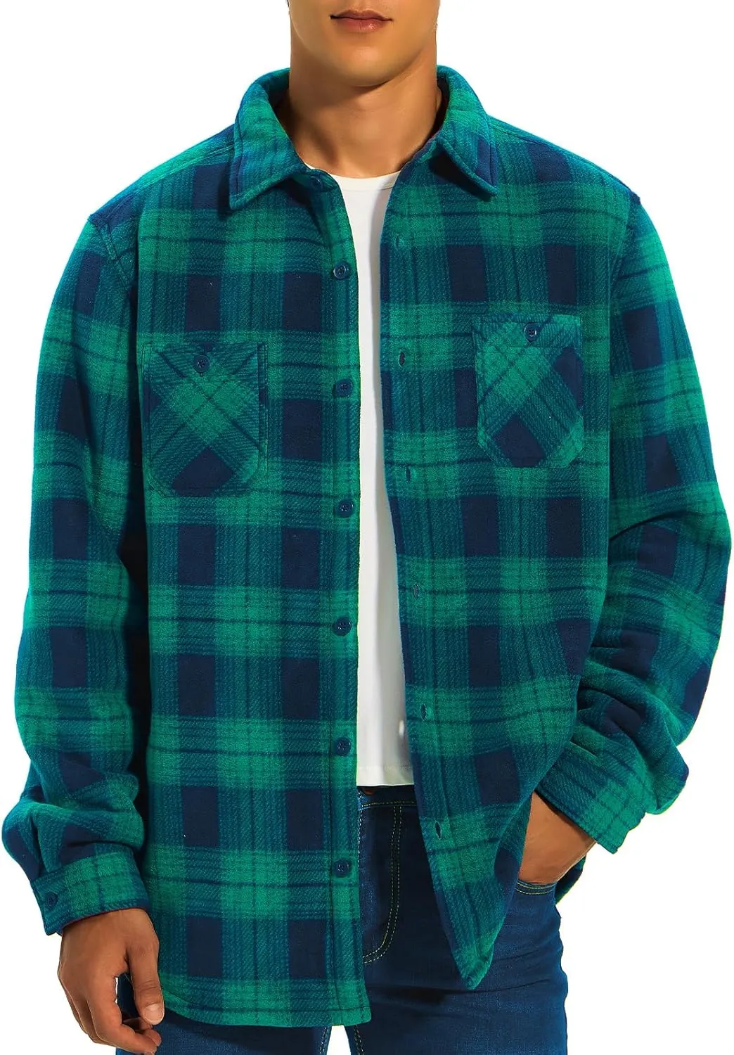 HODOSPORTS Plaid Heavyweight Mens Flannel Jacket Sherpa Lined Thick Fleece Flannel Shirts Long Sleeve Bottom Down