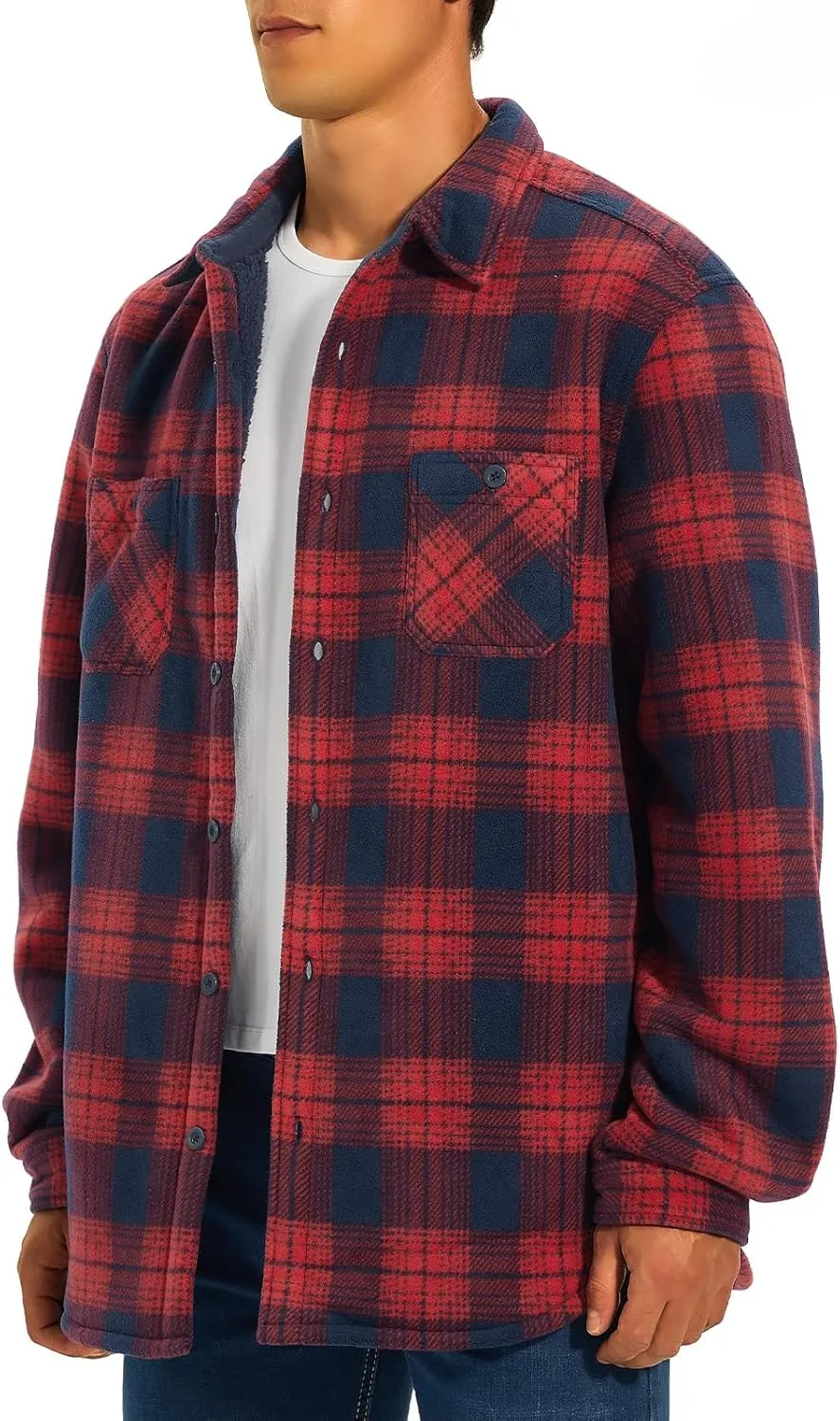 HODOSPORTS Plaid Heavyweight Mens Flannel Jacket Sherpa Lined Thick Fleece Flannel Shirts Long Sleeve Bottom Down