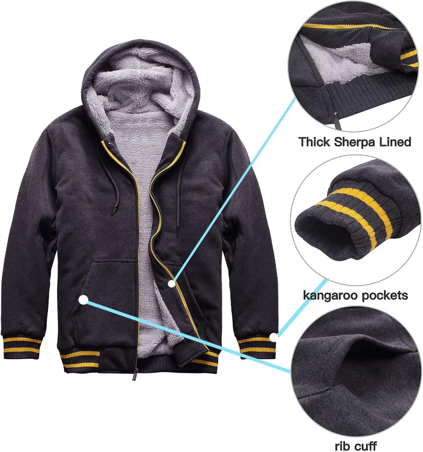 Hoodies for Men Casual Zip Up Heavyweight Fleece Hooded Sweatshirts Winter Sherpa Lined Warm Pullover Jackets
