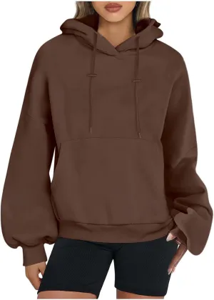 Hoodies For Women Loose Solid Long Sleeve Drawstring Oversized Sweatshirt Trendy Pullover Fall Winter Warm