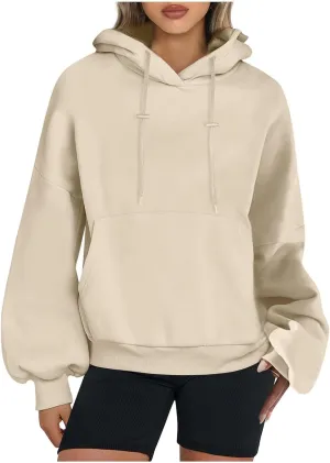 Hoodies For Women Loose Solid Long Sleeve Drawstring Oversized Sweatshirt Trendy Pullover Fall Winter Warm