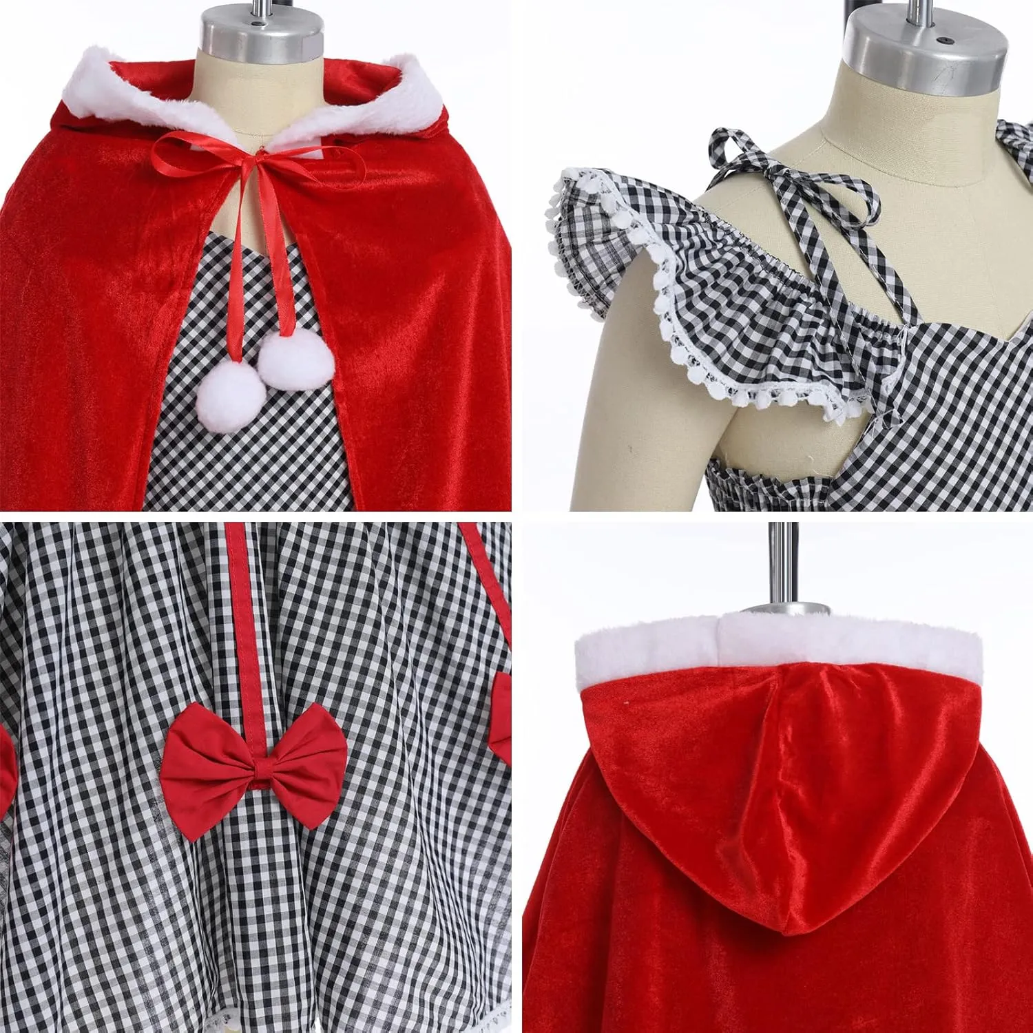 IDOPIP Women Kids Baby Girls Christmas Party Dress Xmas Red Plaid Tutu Dress with Hooded Cloak Cape Family Matching Costume