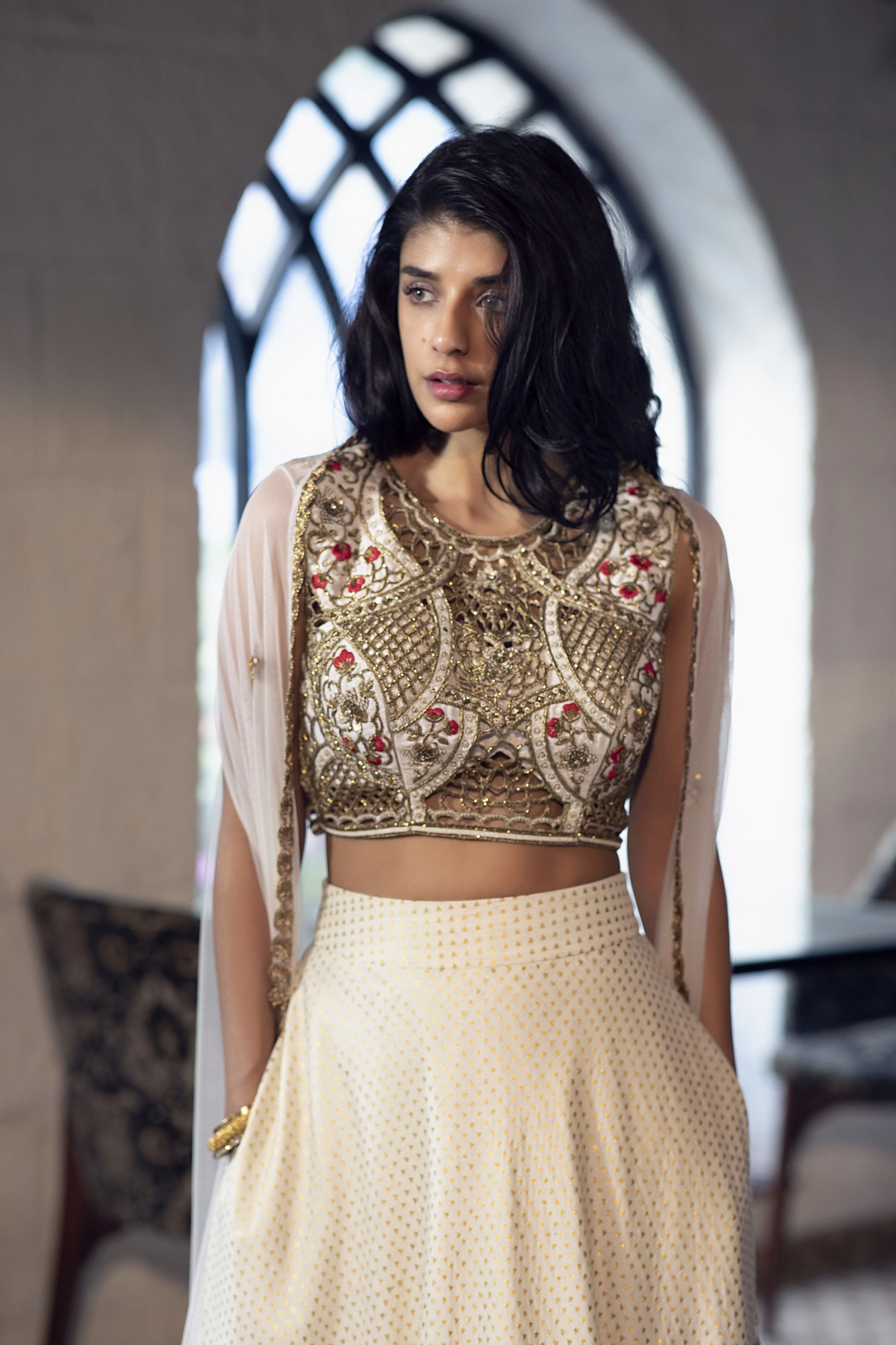 Ivory Cutwork Blouse with Lehenga and Cape  Elegant Wedding Set
