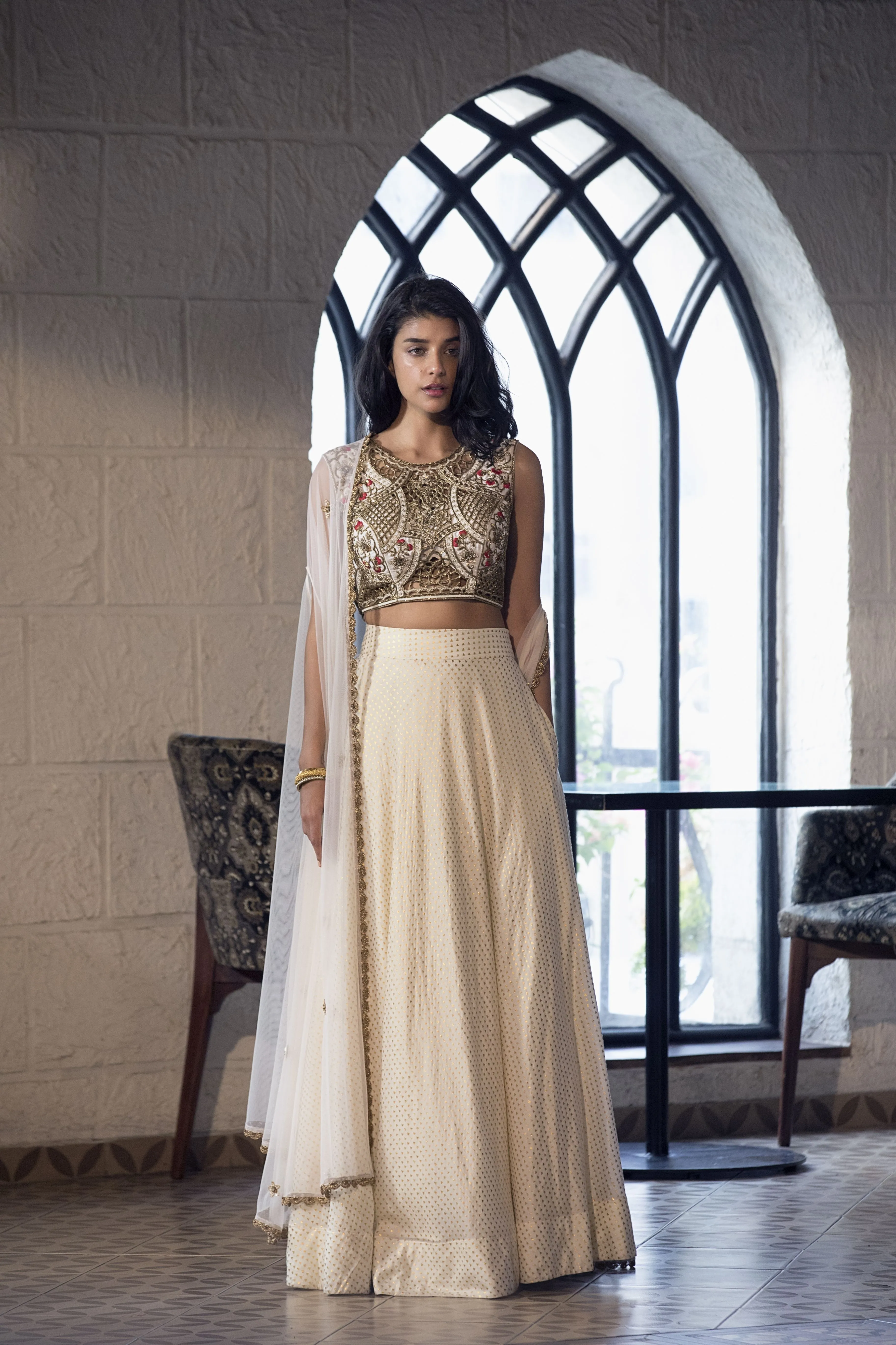 Ivory Cutwork Blouse with Lehenga and Cape  Elegant Wedding Set