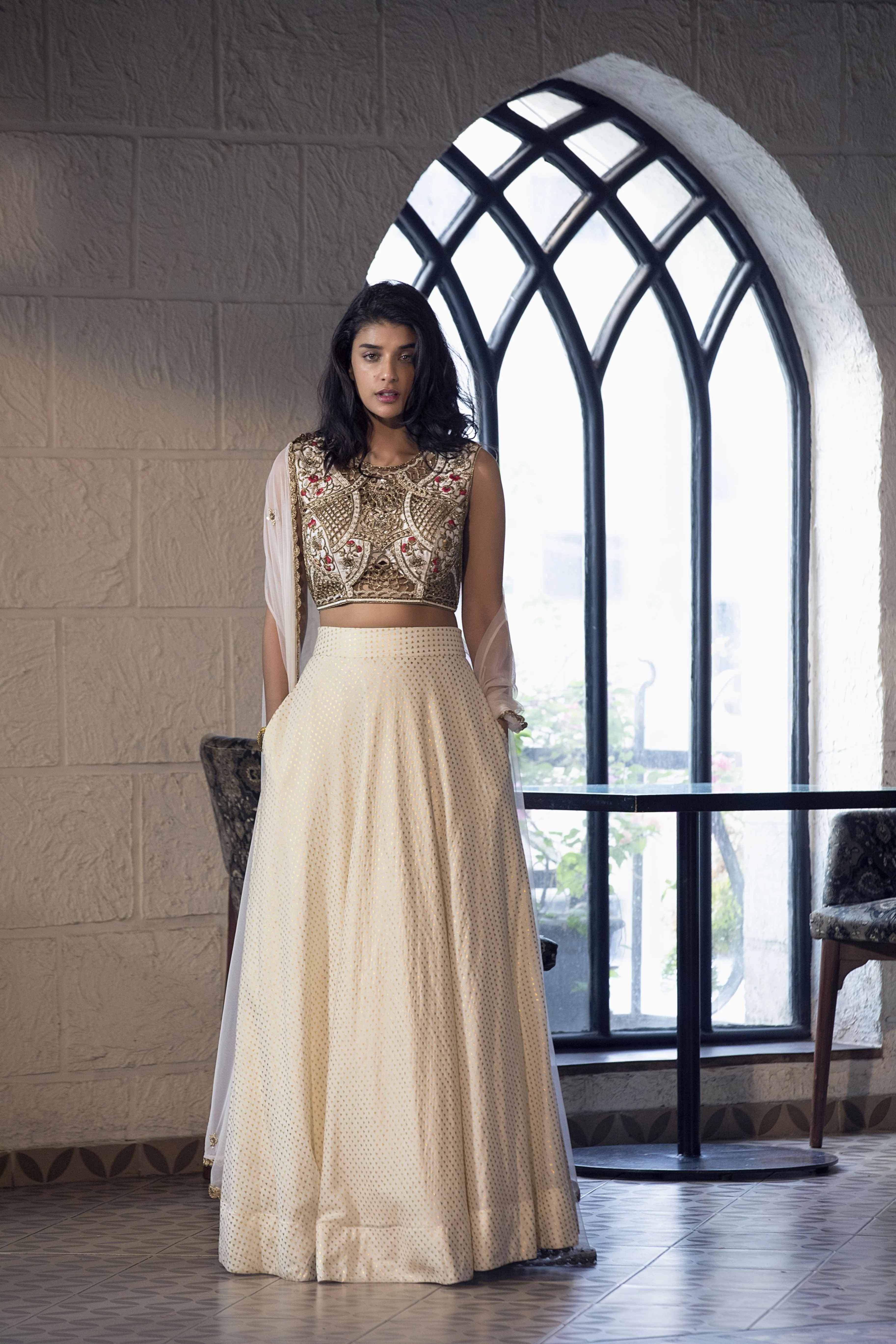 Ivory Cutwork Blouse with Lehenga and Cape  Elegant Wedding Set