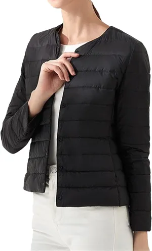 JEKE-DG Women's Lightweight Round Neck Down Jacket Warm Inner Liner Short Slim Coat Collarless Warm Puffer Coat Outwear