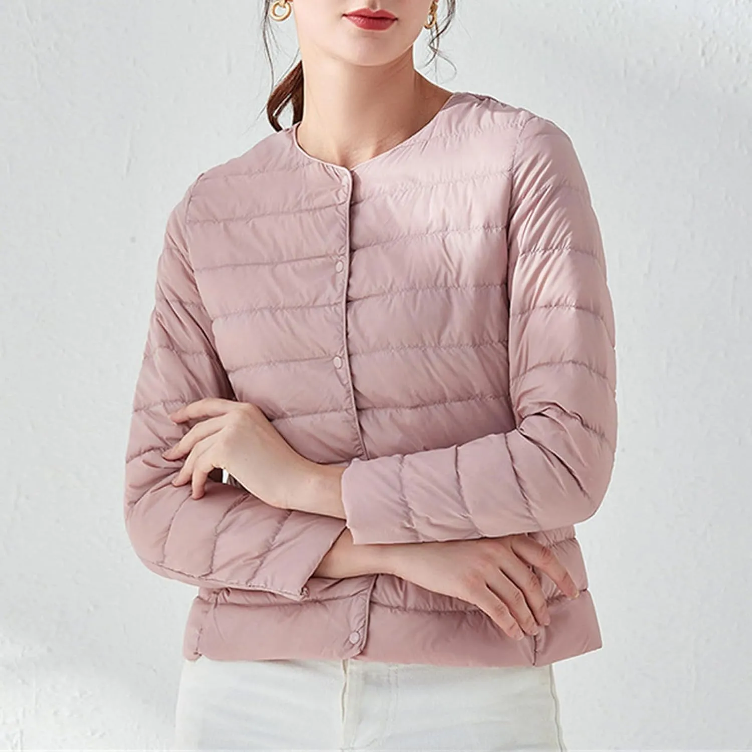 JEKE-DG Women's Lightweight Round Neck Down Jacket Warm Inner Liner Short Slim Coat Collarless Warm Puffer Coat Outwear