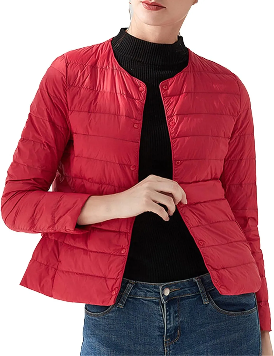 JEKE-DG Women's Lightweight Round Neck Down Jacket Warm Inner Liner Short Slim Coat Collarless Warm Puffer Coat Outwear