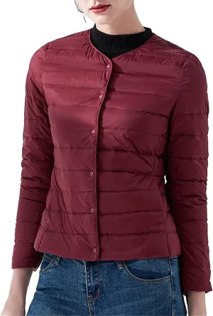 JEKE-DG Women's Lightweight Round Neck Down Jacket Warm Inner Liner Short Slim Coat Collarless Warm Puffer Coat Outwear