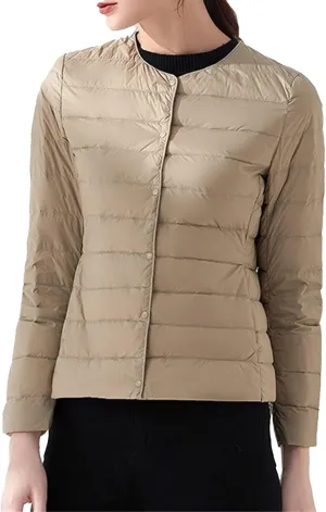 JEKE-DG Women's Lightweight Round Neck Down Jacket Warm Inner Liner Short Slim Coat Collarless Warm Puffer Coat Outwear