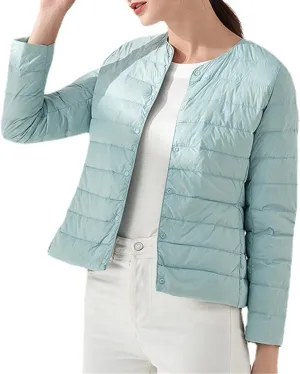 JEKE-DG Women's Lightweight Round Neck Down Jacket Warm Inner Liner Short Slim Coat Collarless Warm Puffer Coat Outwear
