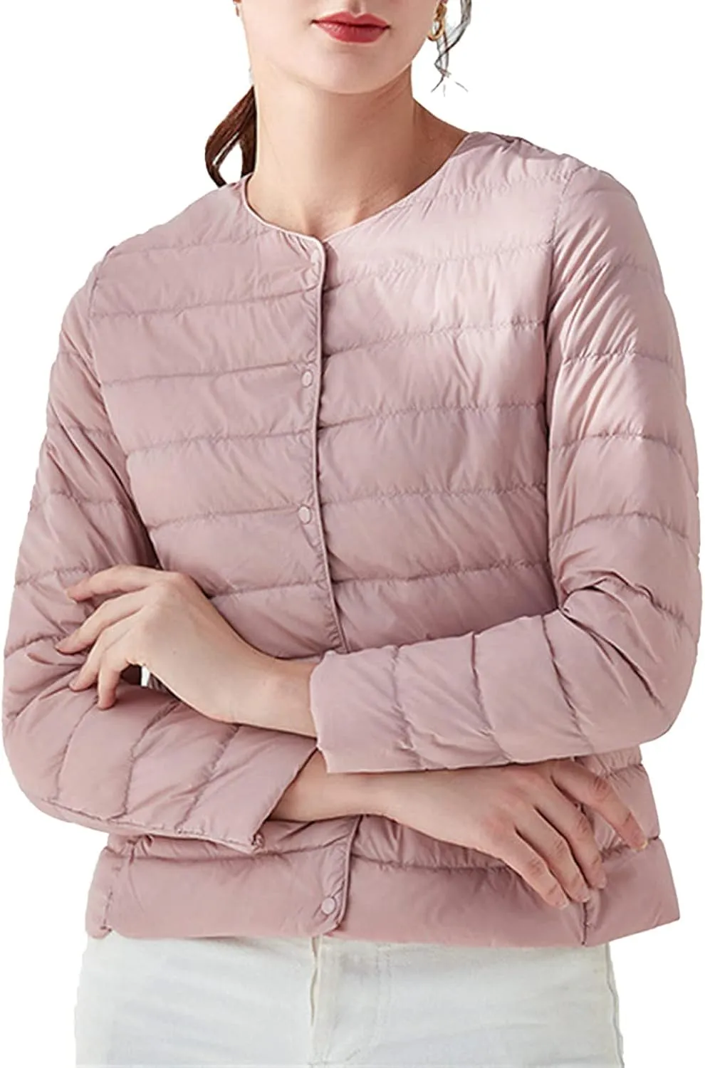 JEKE-DG Women's Lightweight Round Neck Down Jacket Warm Inner Liner Short Slim Coat Collarless Warm Puffer Coat Outwear