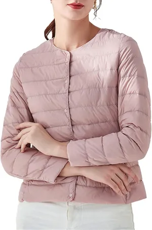 JEKE-DG Women's Lightweight Round Neck Down Jacket Warm Inner Liner Short Slim Coat Collarless Warm Puffer Coat Outwear