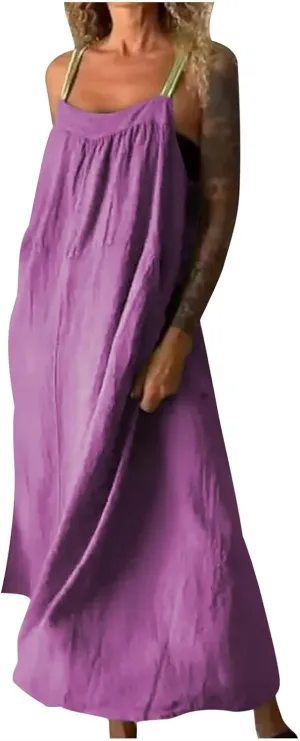 JOAU Womens Linen Maxi Dress Contrast Trim Spaghetti Straps Summer Outfits Travel Vacation Sleeveless Long Beach Sundresses