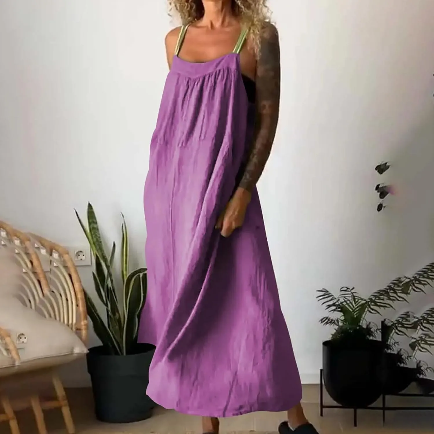 JOAU Womens Linen Maxi Dress Contrast Trim Spaghetti Straps Summer Outfits Travel Vacation Sleeveless Long Beach Sundresses