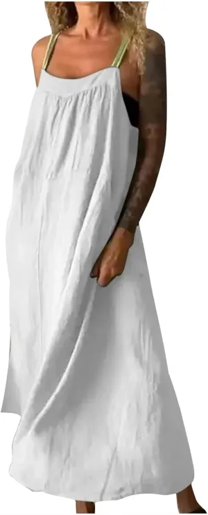 JOAU Womens Linen Maxi Dress Contrast Trim Spaghetti Straps Summer Outfits Travel Vacation Sleeveless Long Beach Sundresses