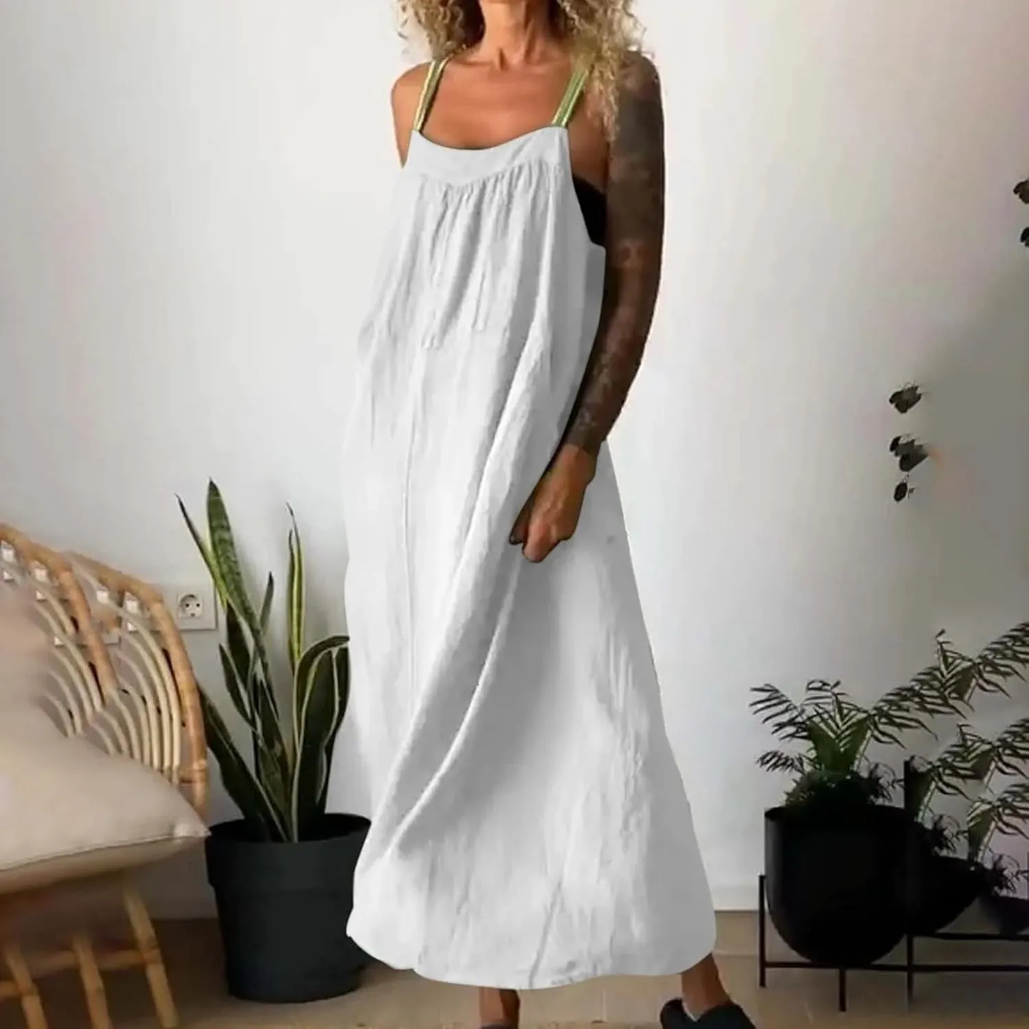 JOAU Womens Linen Maxi Dress Contrast Trim Spaghetti Straps Summer Outfits Travel Vacation Sleeveless Long Beach Sundresses