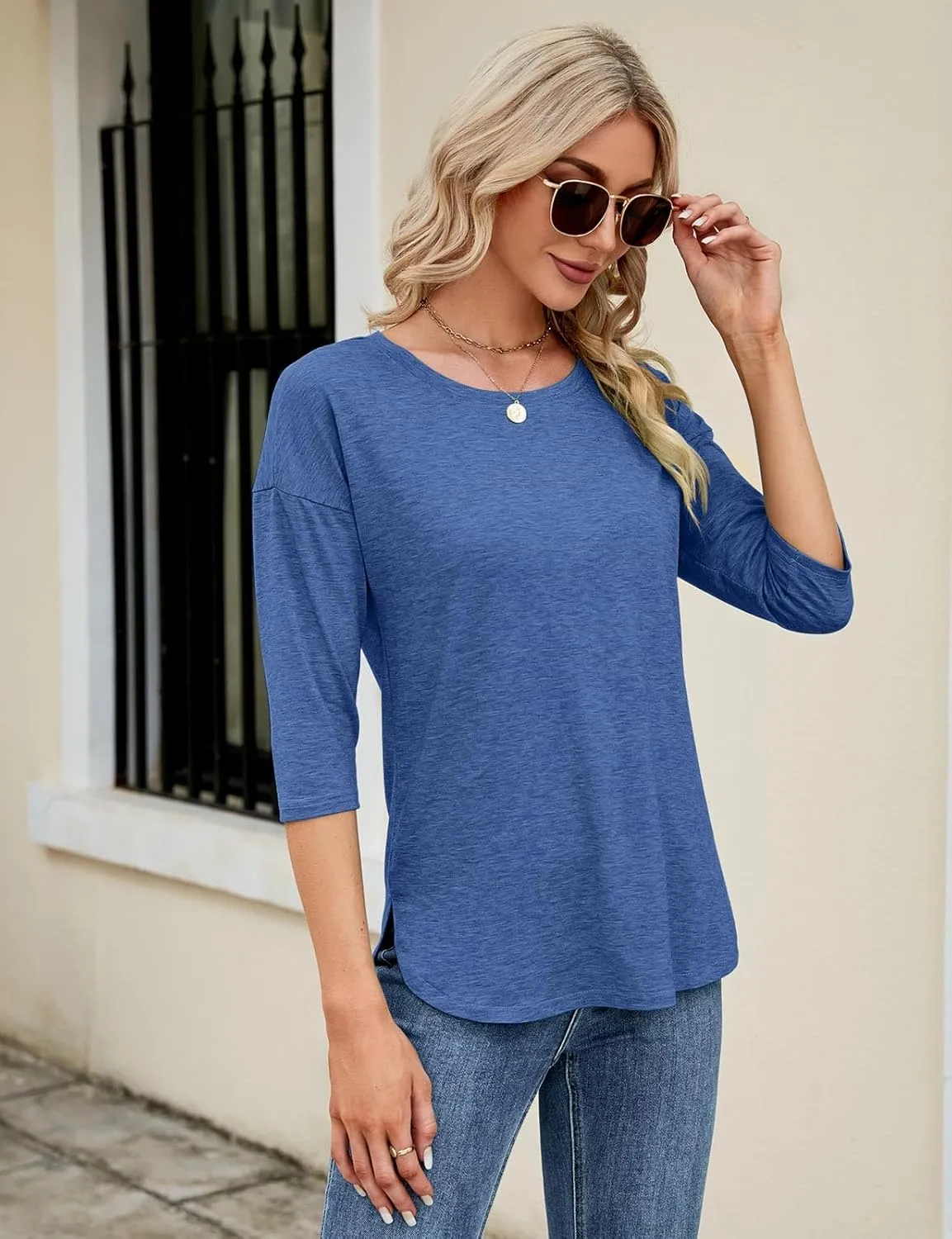 Kancystore Womens Tops 3/4 Sleeve Casual Loose Fit Tunic Tops Scoop Neck T-Shirt
